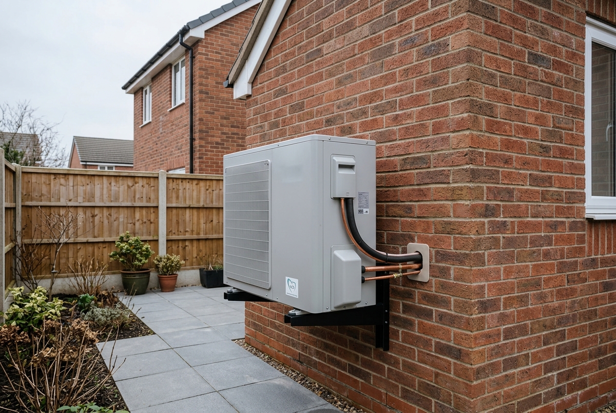 Heat pump outdoor unit installed on residential property