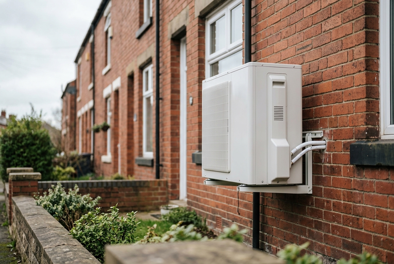 Air source heat pump outdoor unit mounted on terrace wall