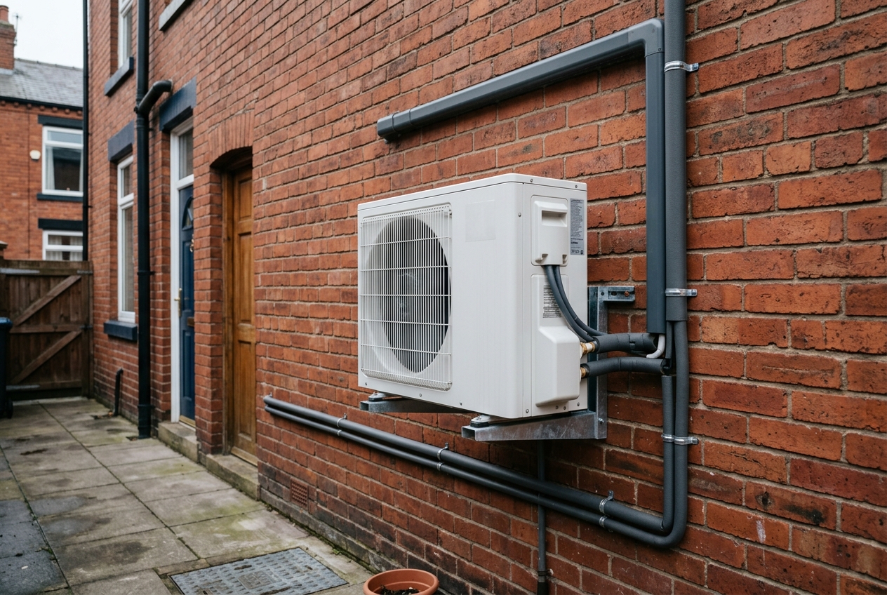 Air source heat pump outdoor unit on brick wall